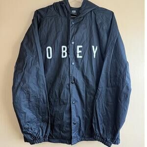 Obey Coach Jacket – Black Hooded Windbreaker – Size L – Streetwear